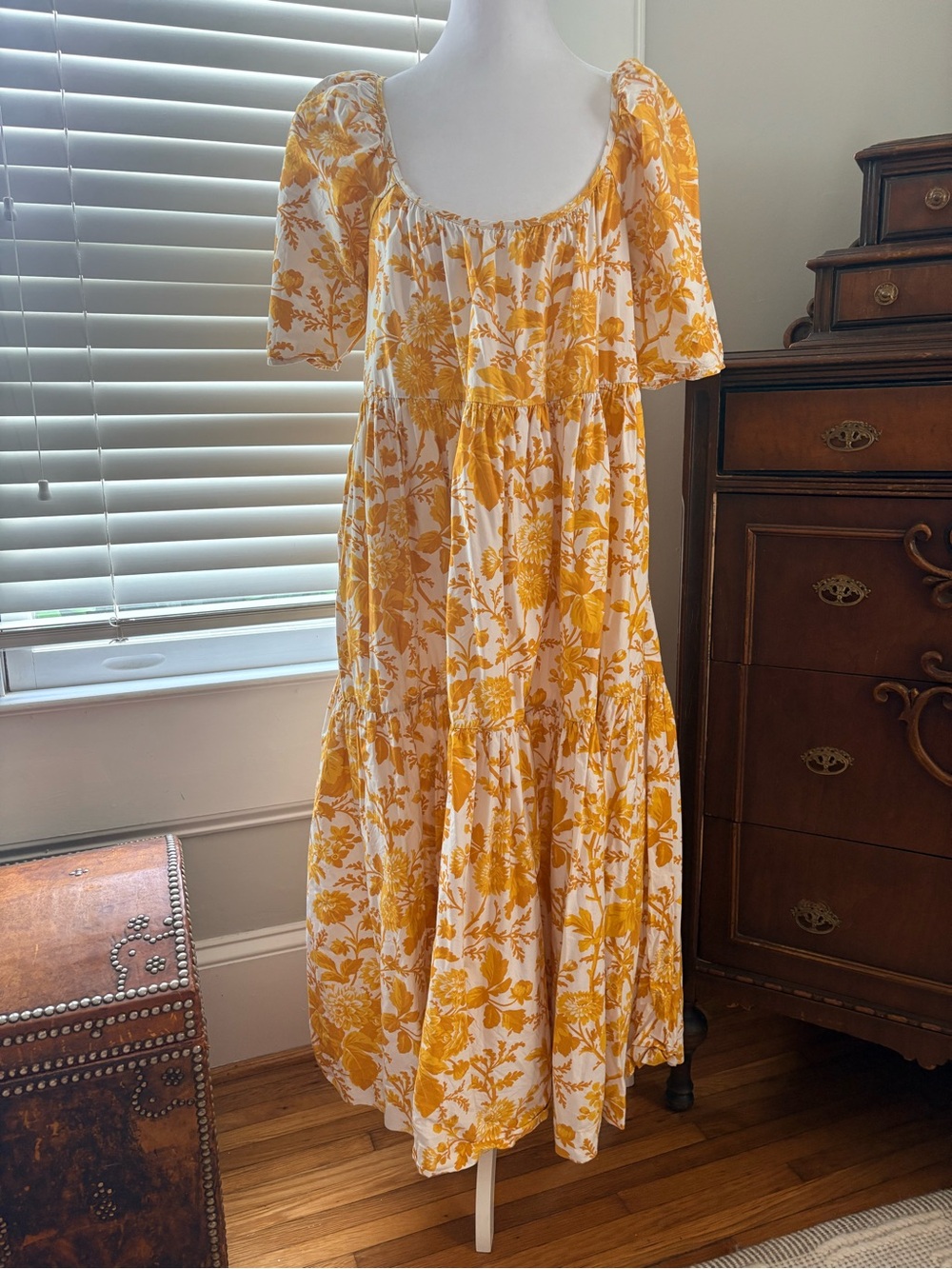 Anthropologie White and Yellow Floral Tiered Midi Dress